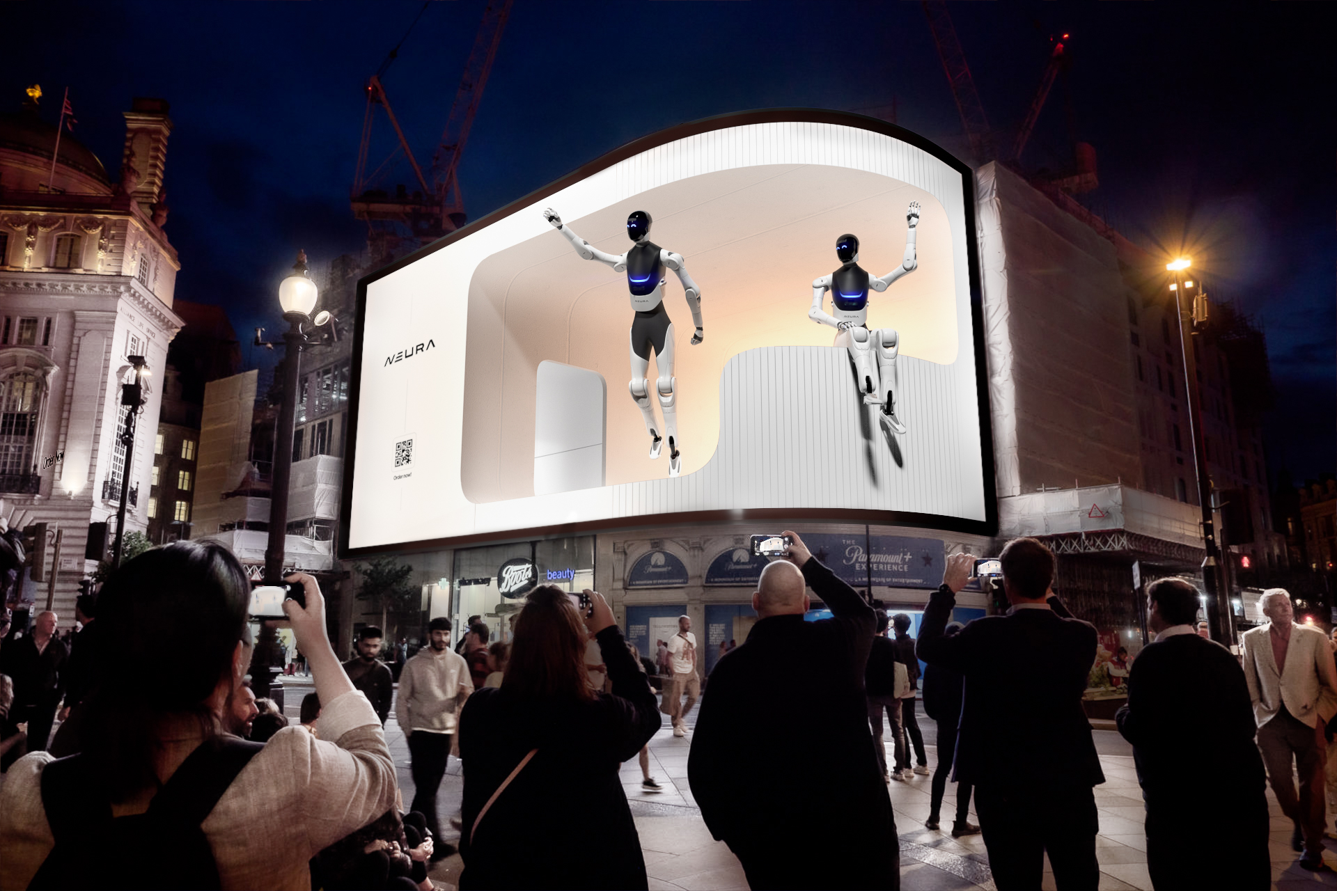 Two robots on a building.