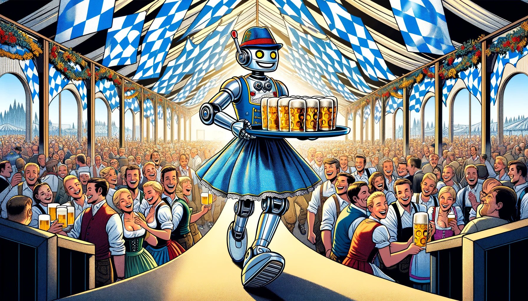 Ein deutscher Roboter serviert Bier in einem Festzelt.
