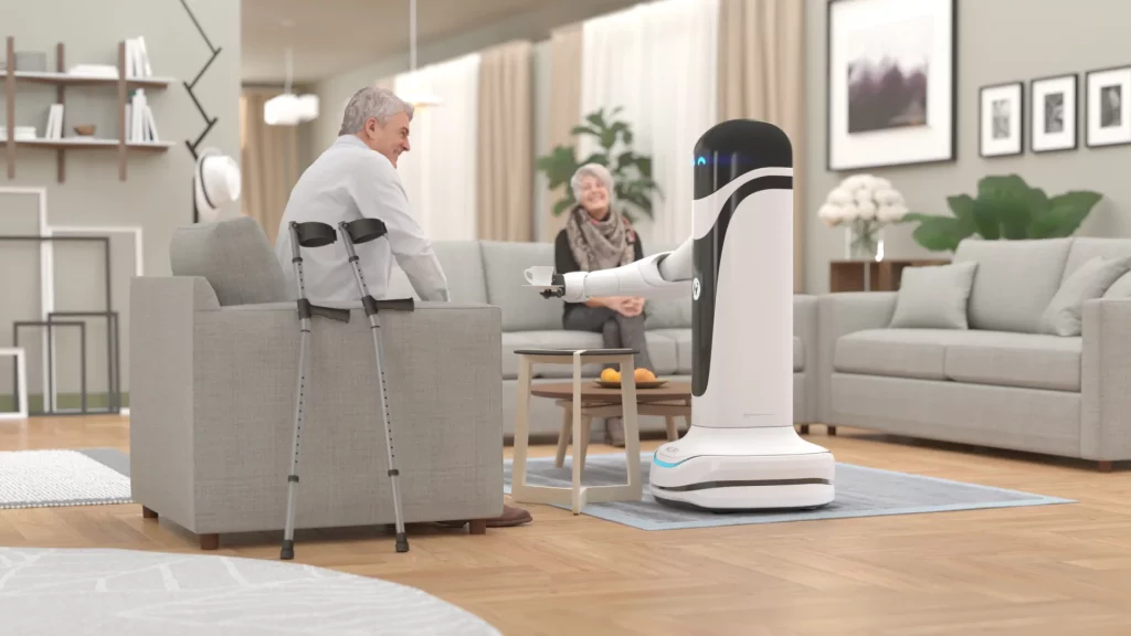 Ein Foto auf dem ein Roboter ältere Menschen unterstützt.
