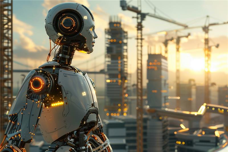 Ein Roboter der auf entstehende Gebäude blickt.