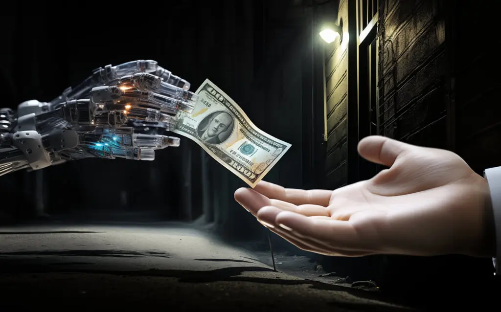 Eine Roboterhand übergibt einer menschlichen Hand einen Geldschein.