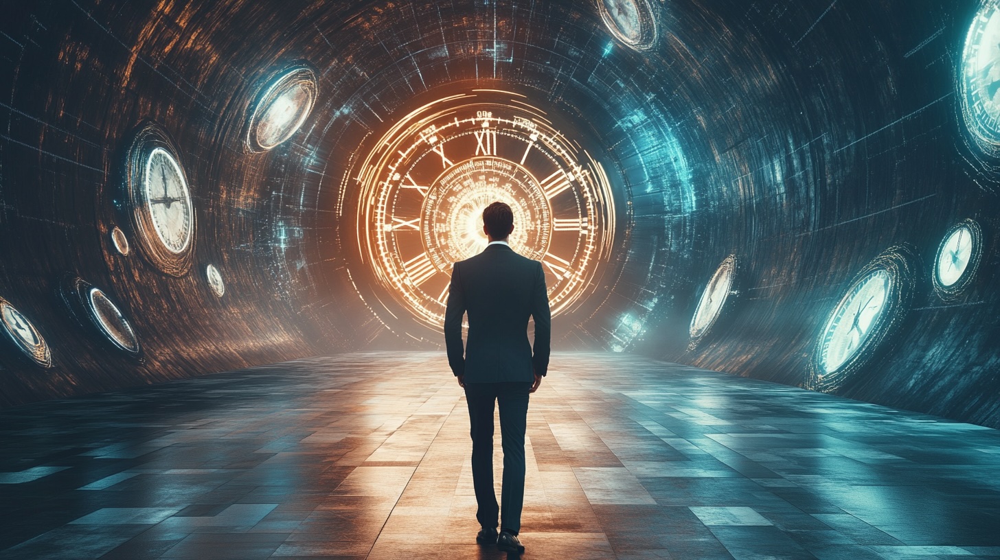 Ein Mann im Anzug vor einer futuristischen Uhr.