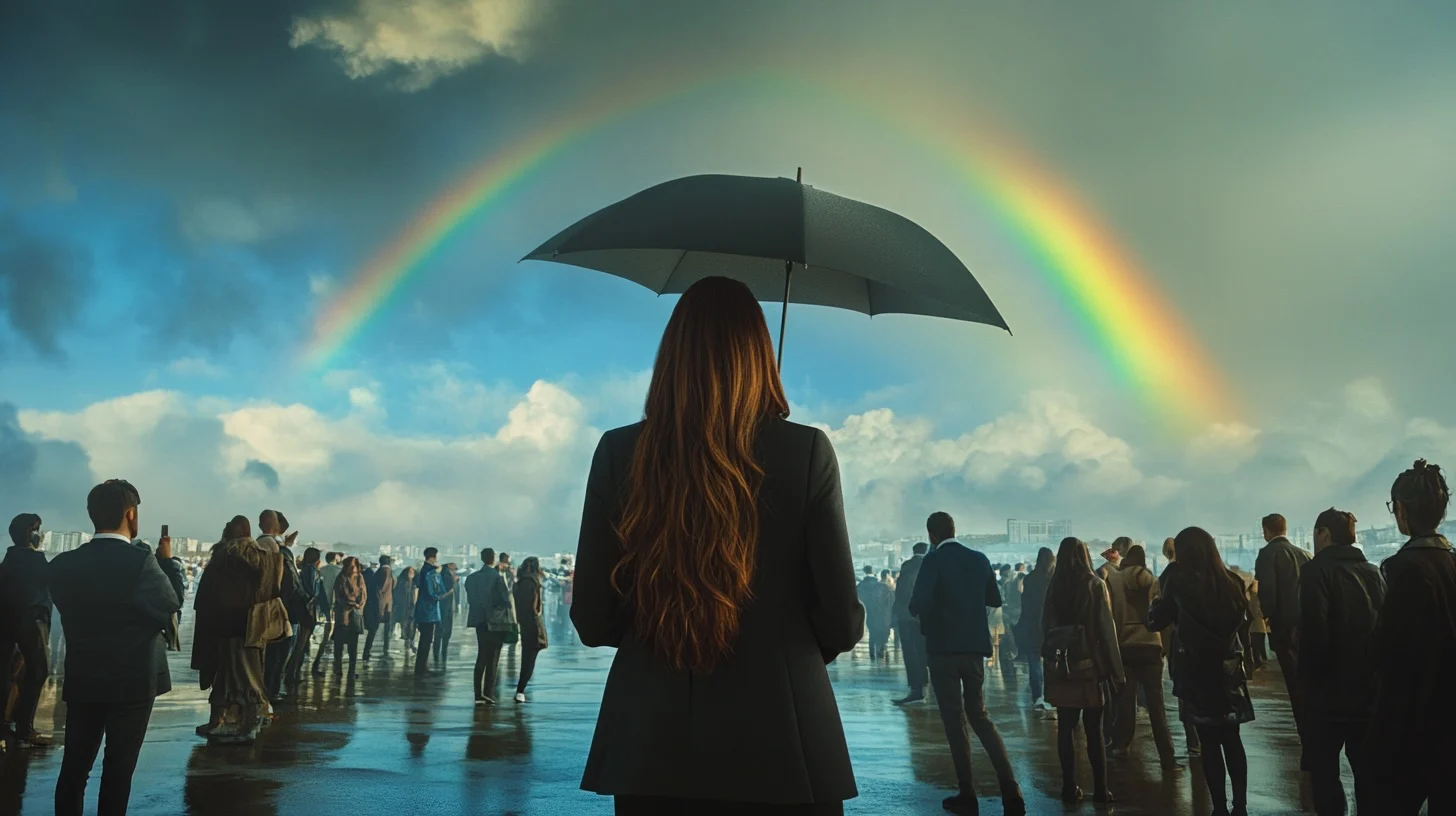Many people and a woman with an umbrella in front of a rainbow.