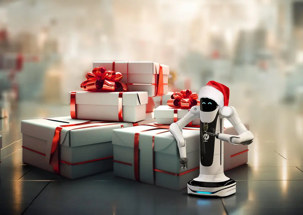 Ein Roboter mit Weihnachtsmütze vor Geschenken.